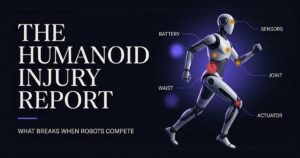 Diagram of humanoid robot failure zones: waist, actuators, battery, sensors, joints