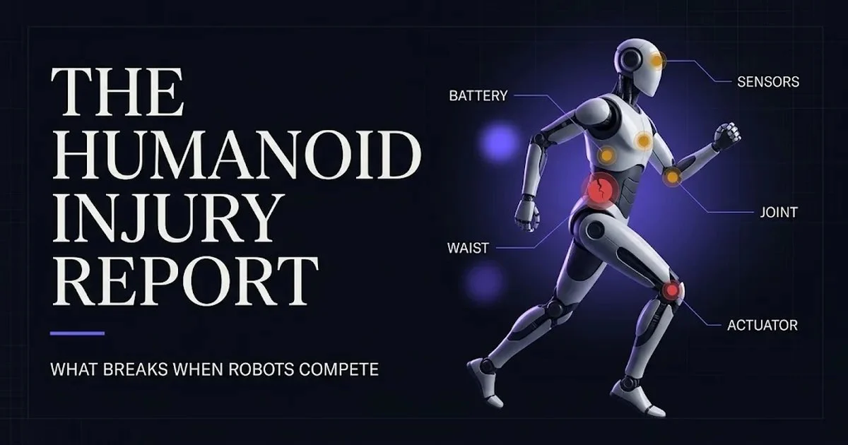 Diagram of humanoid robot failure zones: waist, actuators, battery, sensors, joints